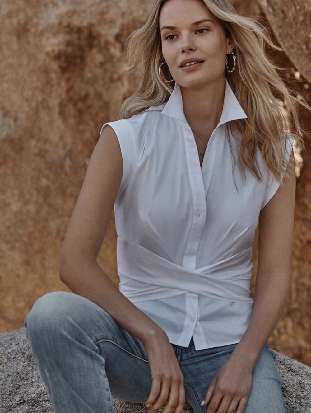 WHBM Sleeveless Twist-Waist Shirt Blouse - White